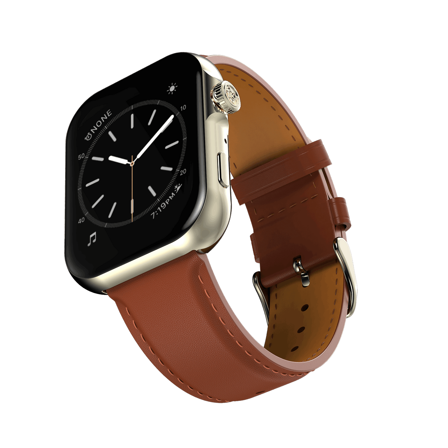 RONiN R-09 Ultra Smart Watch in light brown leather strap, featuring a metallic nickel case with AMOLED display for vibrant visuals.