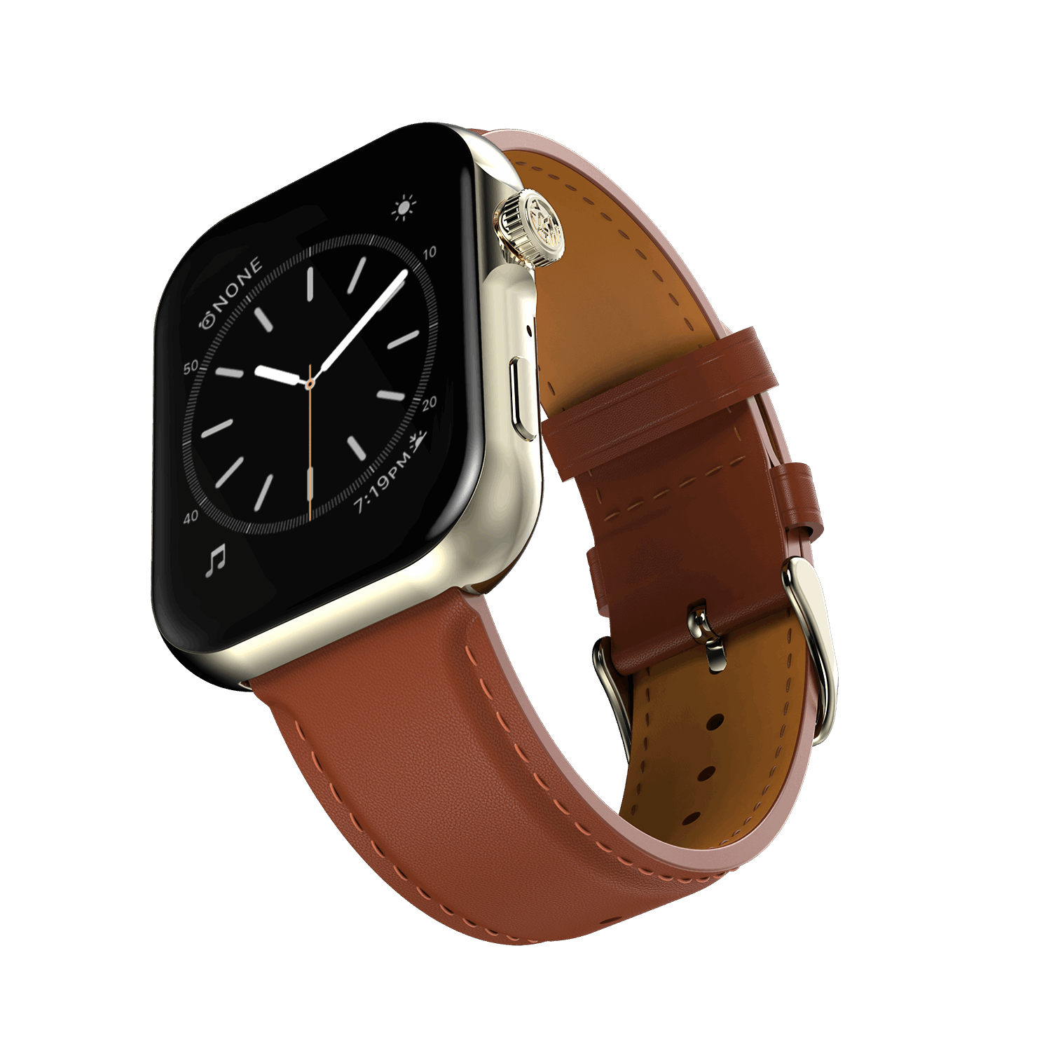 RONiN R-09 Ultra Smart Watch in light brown leather strap, featuring a metallic nickel case with AMOLED display for vibrant visuals.