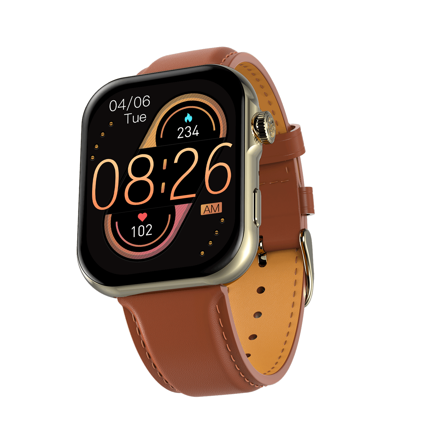 RONiN R-09 Ultra Smart Watch in light brown leather strap, featuring a metallic nickel case with AMOLED display for vibrant visuals.