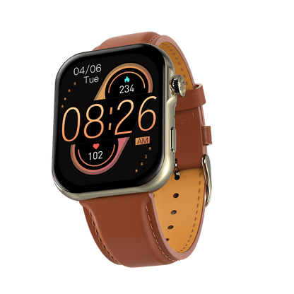 RONiN R-09 Ultra Smart Watch in light brown leather strap, featuring a metallic nickel case with AMOLED display for vibrant visuals.