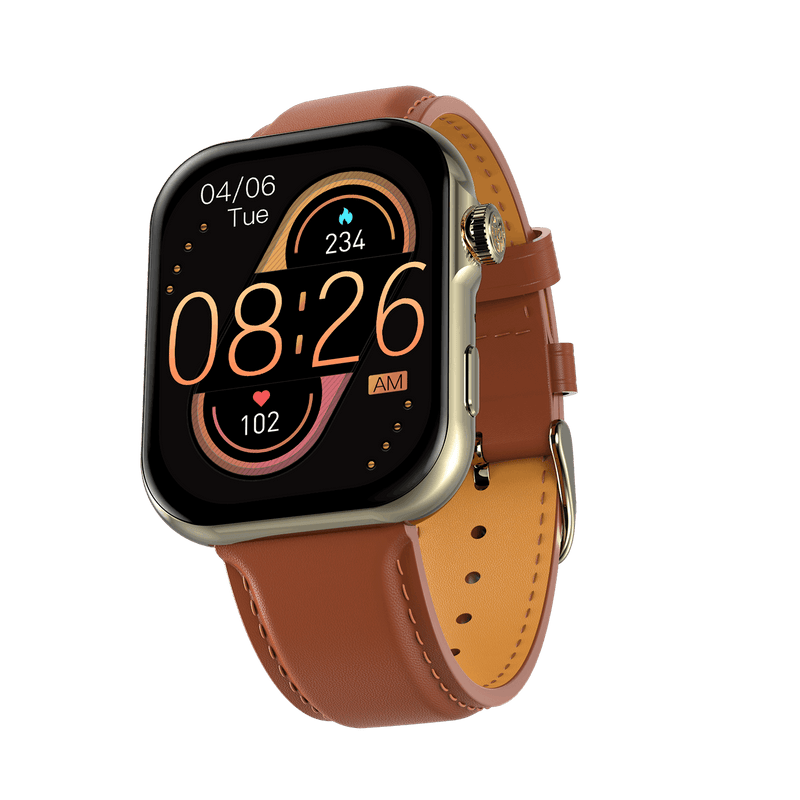 RONiN R-09 Ultra Smart Watch in light brown leather strap, featuring a metallic nickel case with AMOLED display for vibrant visuals.