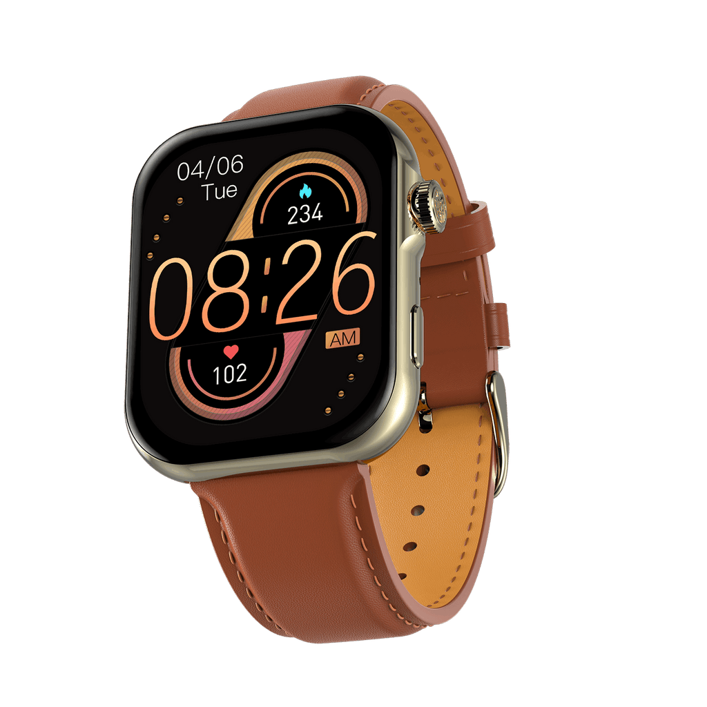 RONiN R-09 Ultra Smart Watch in light brown leather strap, featuring a metallic nickel case with AMOLED display for vibrant visuals.