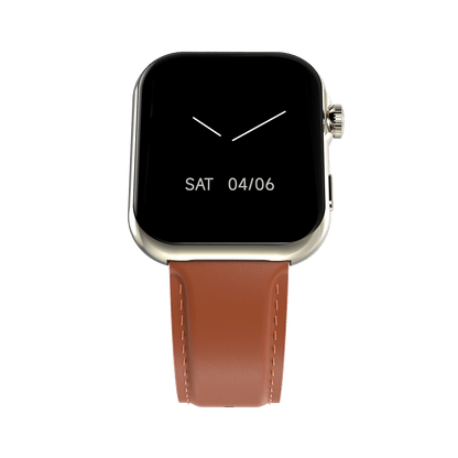 RONiN R-09 Ultra Smart Watch in light brown leather strap, featuring a metallic nickel case with AMOLED display for vibrant visuals.