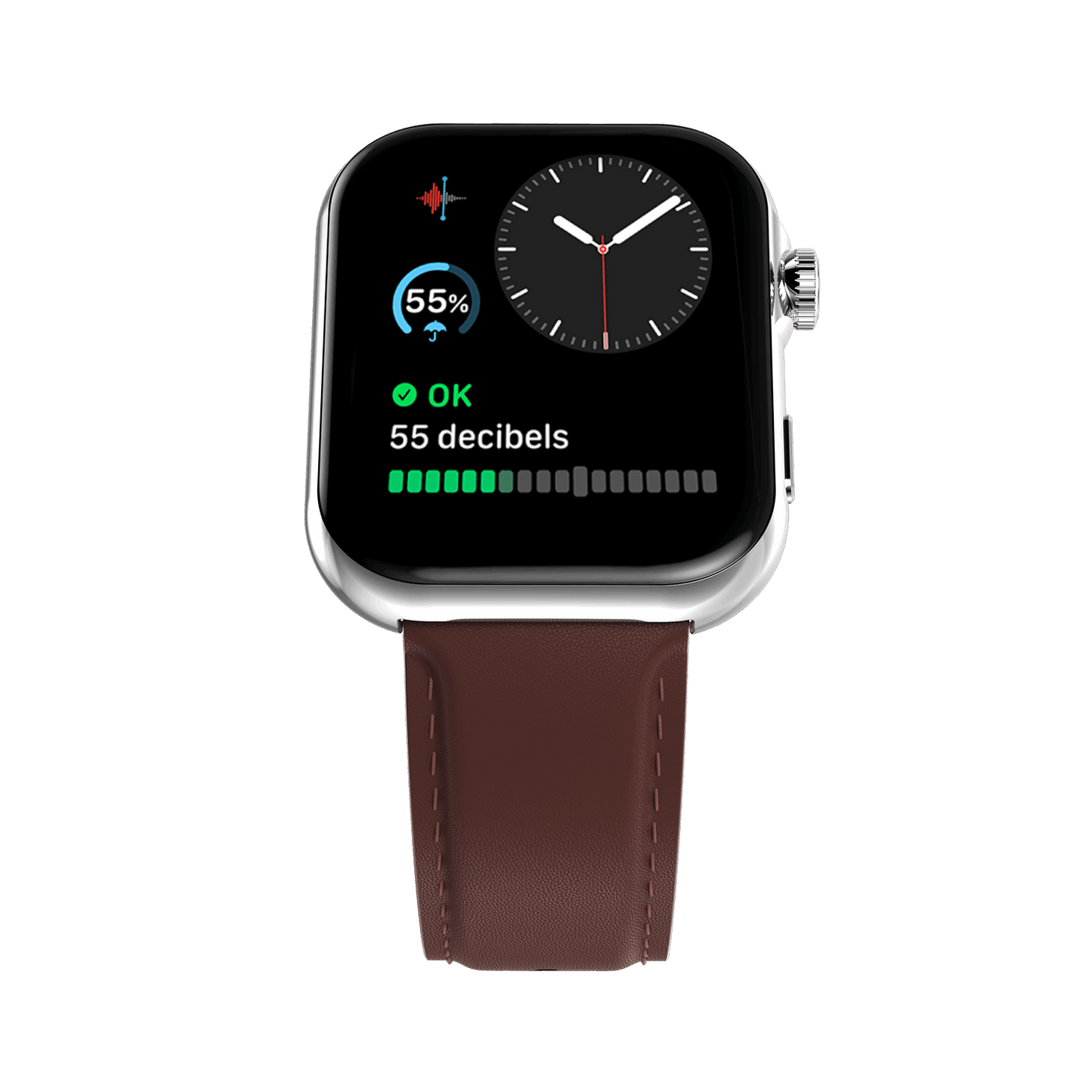 Silver RONiN R-09 Ultra Smart Watch with vintage brown leather strap, offering a blend of style and smart functionality. 