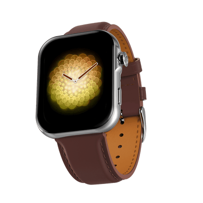 Silver RONiN R-09 Ultra Smart Watch with vintage brown leather strap, offering a blend of style and smart functionality. 
