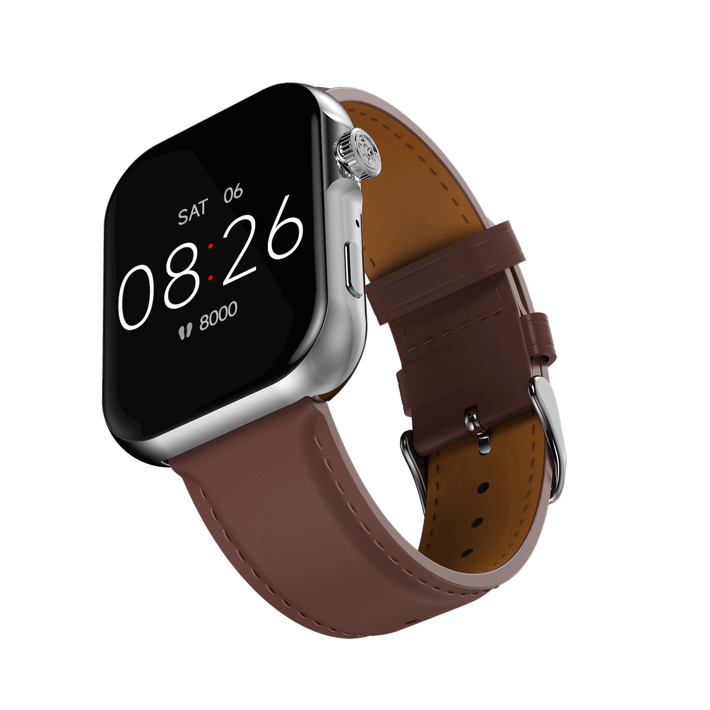 Silver RONiN R-09 Ultra Smart Watch with vintage brown leather strap, offering a blend of style and smart functionality. 