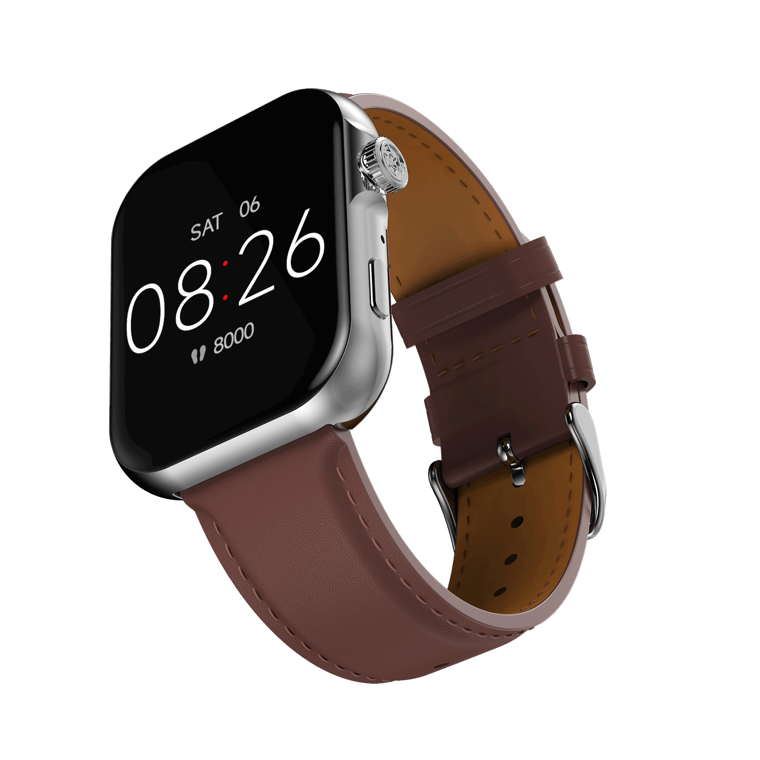 Silver RONiN R-09 Ultra Smart Watch with vintage brown leather strap, offering a blend of style and smart functionality. 
