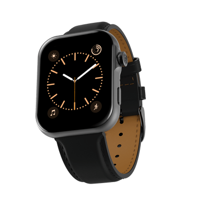 Black RONiN R-09 Ultra Smart Watch with black leather strap, designed with IP68 water resistance and multiple health tracking features.