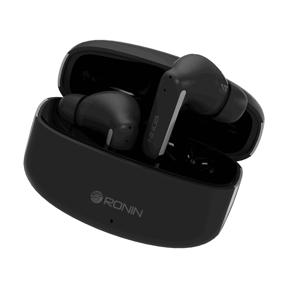 Black RONiN R-140 Earbuds with active noise cancellation and touch controls for seamless listening.