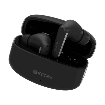 Black RONiN R-140 Earbuds with active noise cancellation and touch controls for seamless listening.