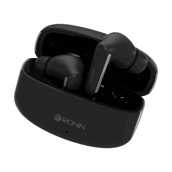 Black RONiN R-140 Earbuds with active noise cancellation and touch controls for seamless listening.