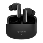 Black RONiN R-140 Earbuds with active noise cancellation and touch controls for seamless listening.