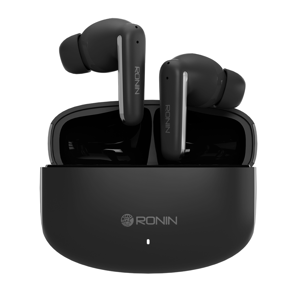 Black RONiN R-140 Earbuds with active noise cancellation and touch controls for seamless listening.