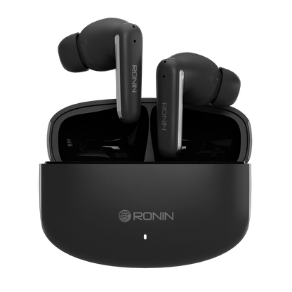 Black RONiN R-140 Earbuds with active noise cancellation and touch controls for seamless listening.