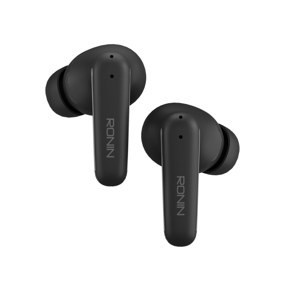 Black RONiN R-140 Earbuds with active noise cancellation and touch controls for seamless listening.