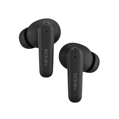 Black RONiN R-140 Earbuds with active noise cancellation and touch controls for seamless listening.