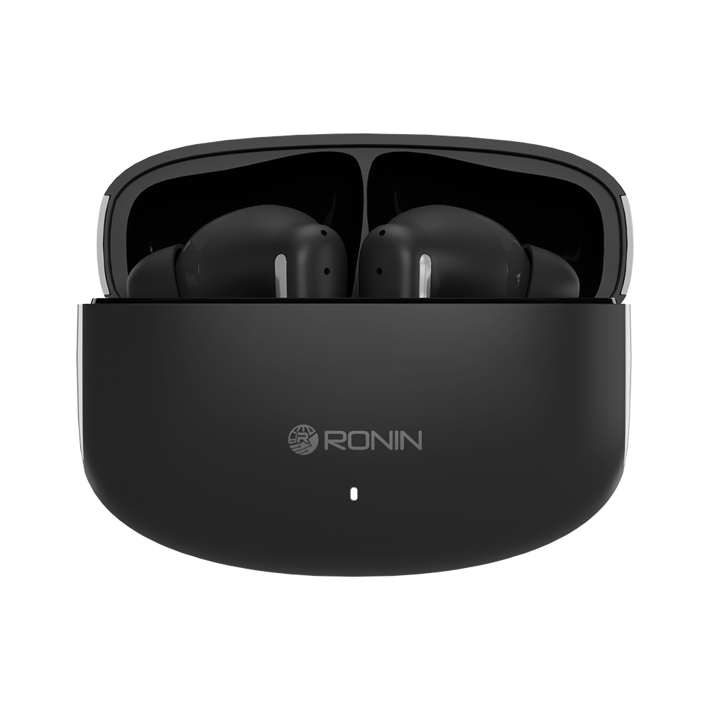 Black RONiN R-140 Earbuds with active noise cancellation and touch controls for seamless listening.