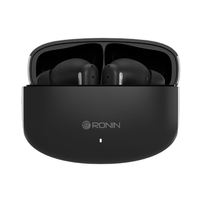 Black RONiN R-140 Earbuds with active noise cancellation and touch controls for seamless listening.