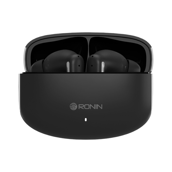 Black RONiN R-140 Earbuds with active noise cancellation and touch controls for seamless listening.