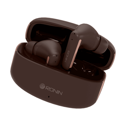 Brown RONiN R-140 Earbuds with environmental noise reduction, perfect for on-the-go audio.