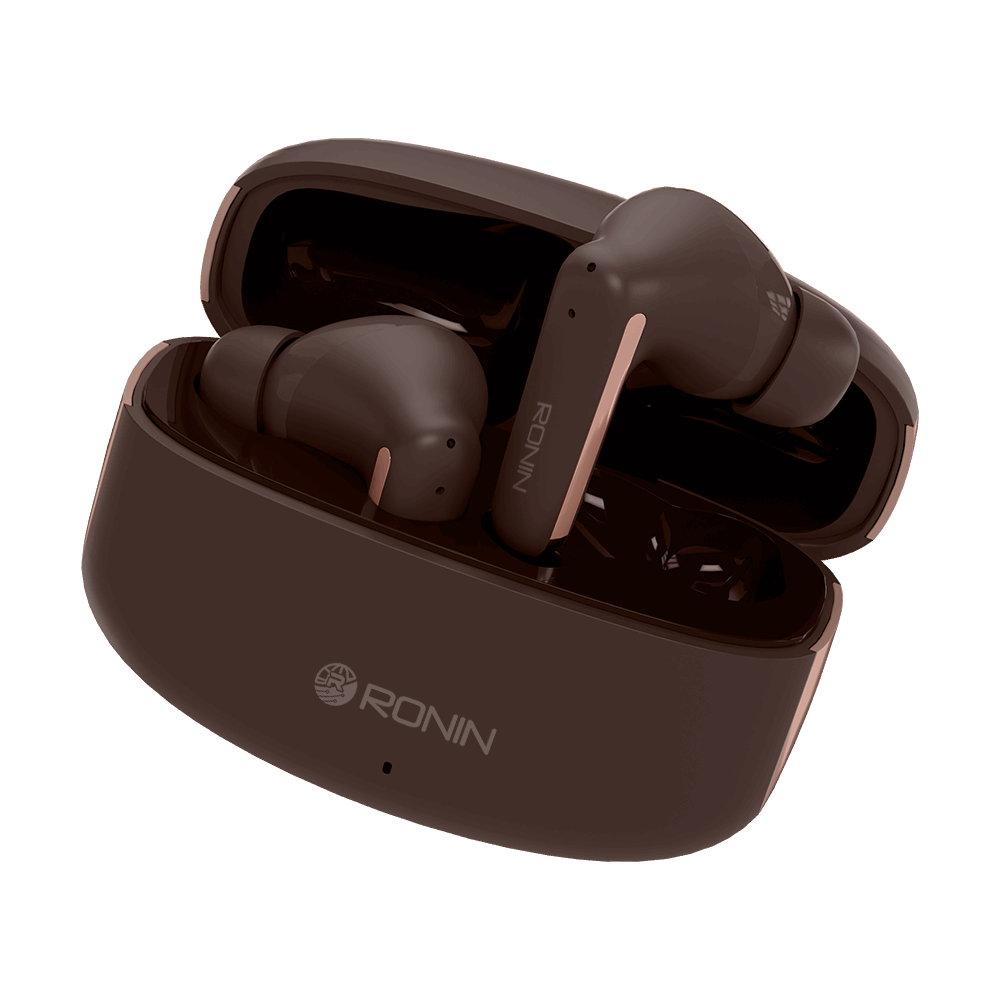 Brown RONiN R-140 Earbuds with environmental noise reduction, perfect for on-the-go audio.