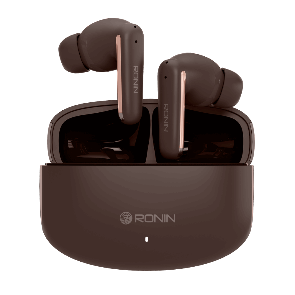 Brown RONiN R-140 Earbuds with environmental noise reduction, perfect for on-the-go audio.