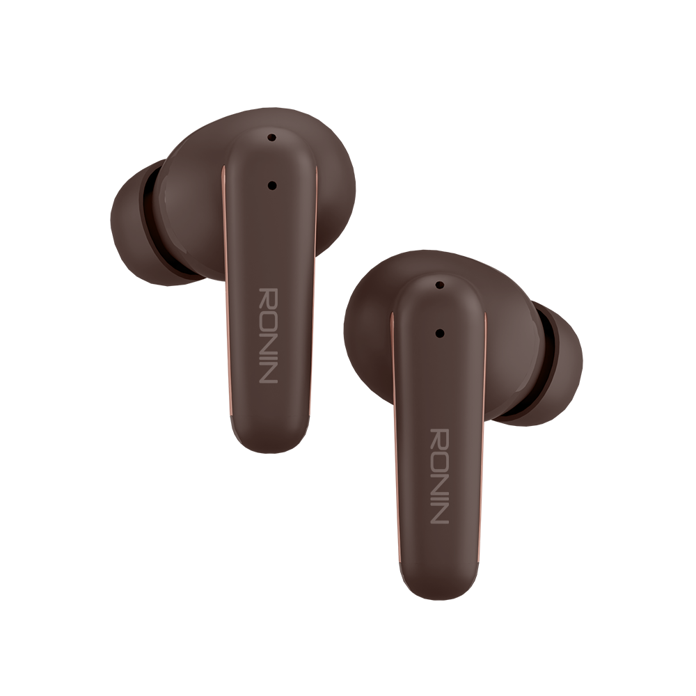 Brown RONiN R-140 Earbuds with environmental noise reduction, perfect for on-the-go audio.