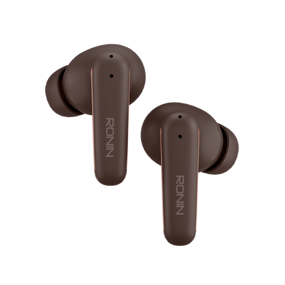 Brown RONiN R-140 Earbuds with environmental noise reduction, perfect for on-the-go audio.