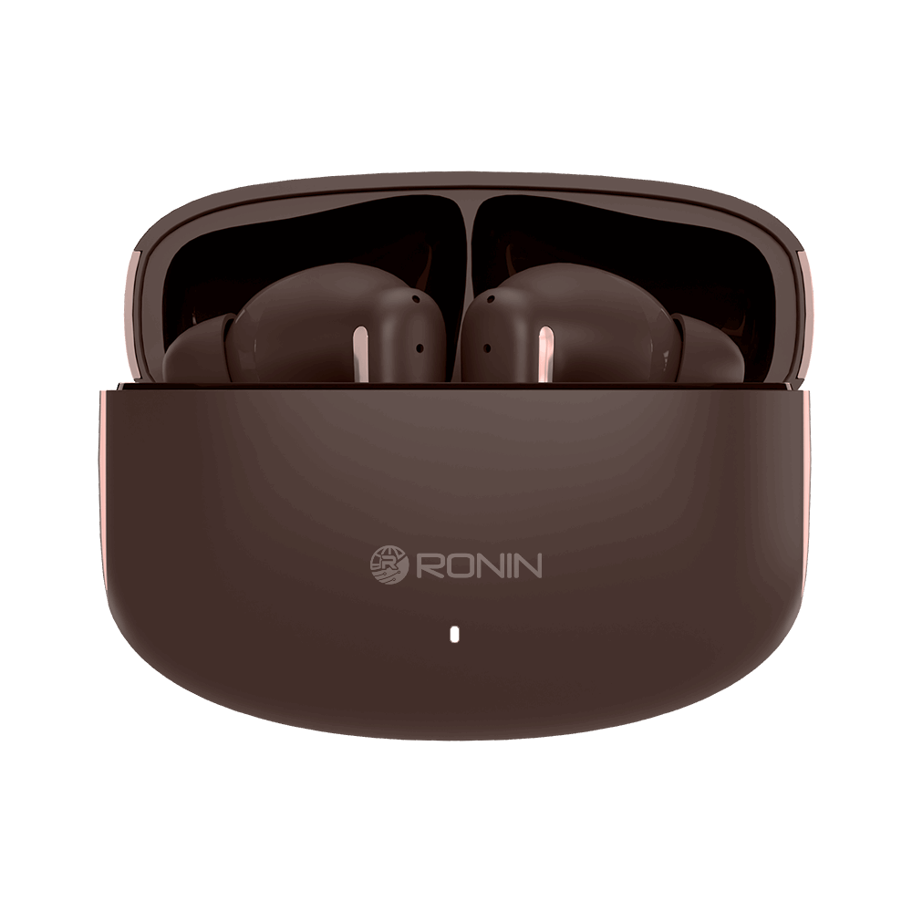 Elegant brown RONiN R-140 Earbuds with modern design, supporting voice assistant integration.