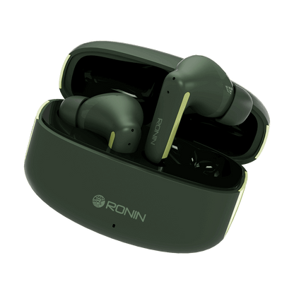 Green RONiN R-140 Earbuds with sleek, compact design, delivering rich audio quality and ergonomic comfort