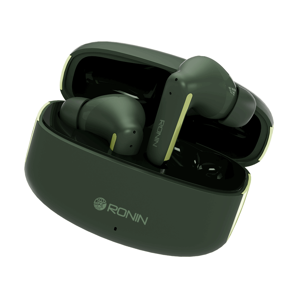 Green RONiN R-140 Earbuds with sleek, compact design, delivering rich audio quality and ergonomic comfort