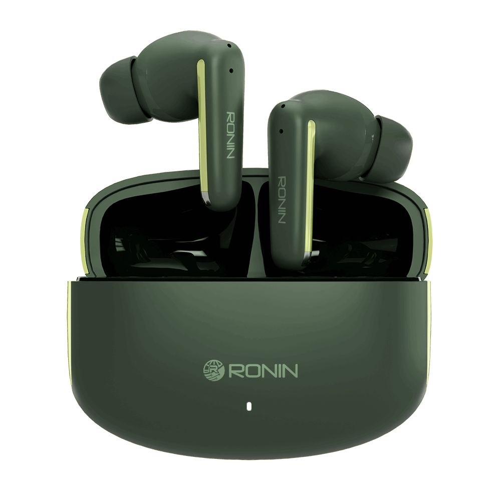 Green RONiN R-140 Earbuds with sleek, compact design, delivering rich audio quality and ergonomic comfort