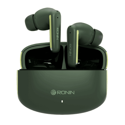 Green RONiN R-140 Earbuds with sleek, compact design, delivering rich audio quality and ergonomic comfort