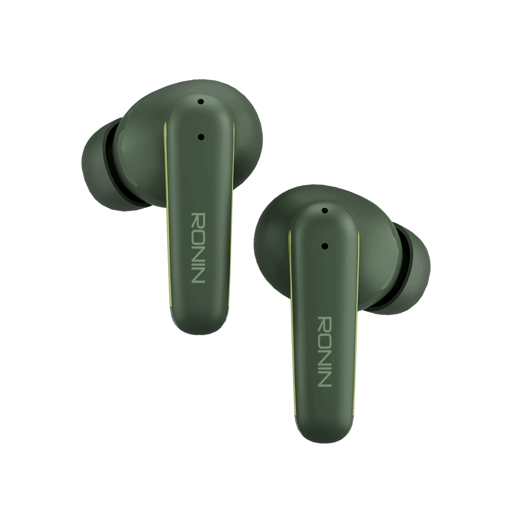 RONiN R-140 Earbuds in green, designed for style and functionality with up to 5 hours of playtime.