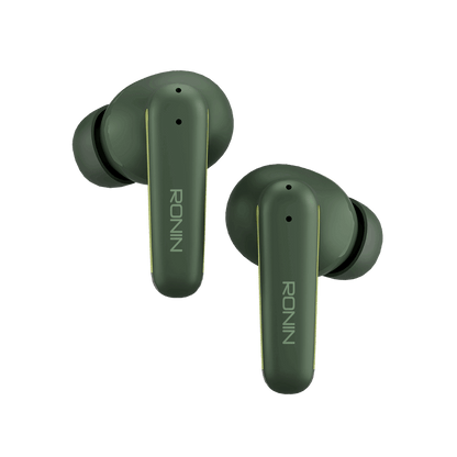 RONiN R-140 Earbuds in green, designed for style and functionality with up to 5 hours of playtime.