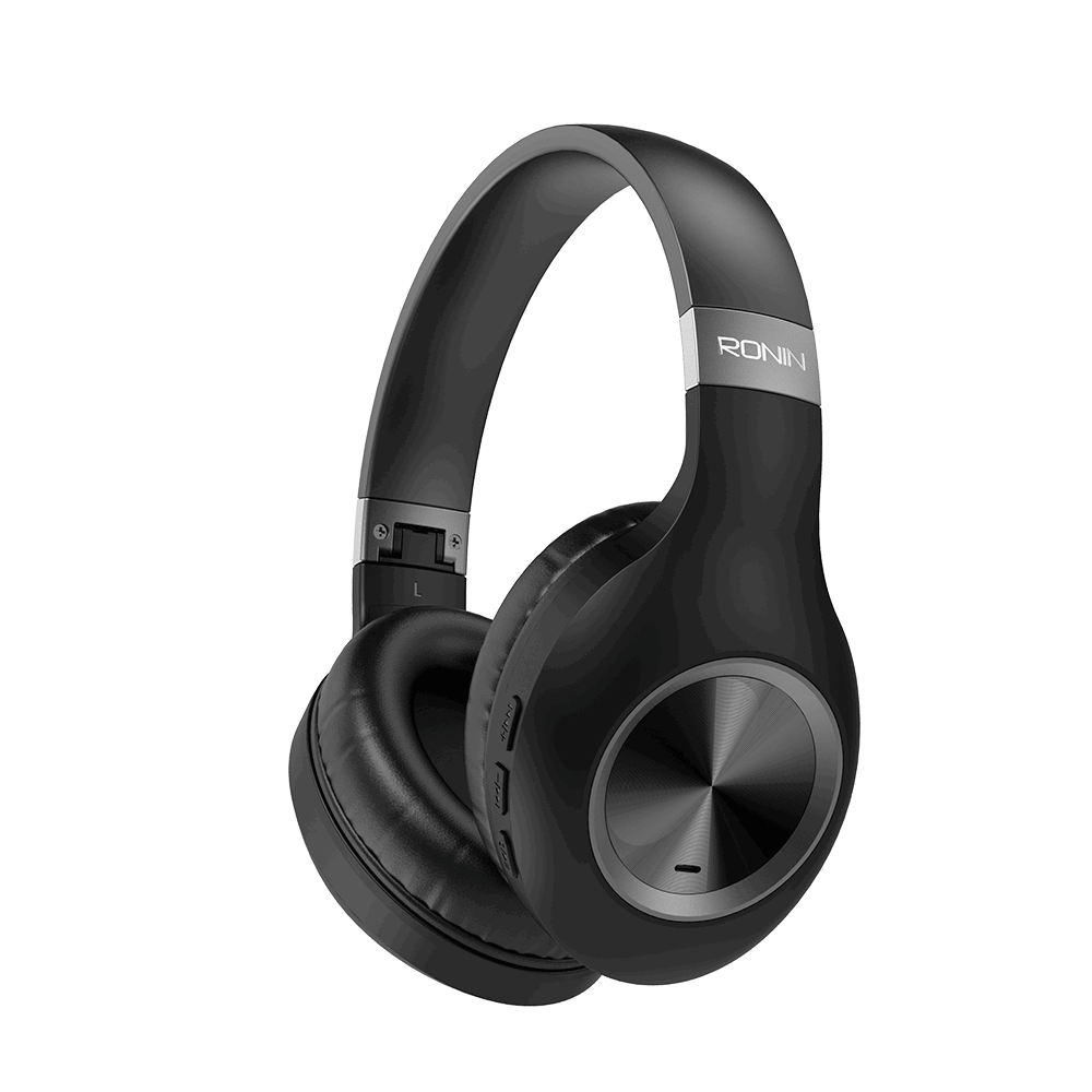 RONiN R-1500 wireless headphones in black, featuring Bluetooth connectivity, adjustable headband, and comfortable ear cushions.