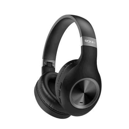 RONiN R-1500 wireless headphones in black, featuring Bluetooth connectivity, adjustable headband, and comfortable ear cushions.