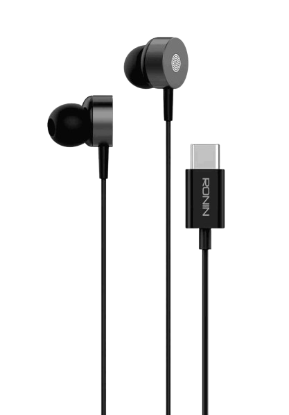 RONiN R-27 Handsfree in black with Type-C connector, delivering crisp sound and lightweight comfort.