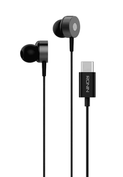 RONiN R-27 Handsfree in black with Type-C connector, delivering crisp sound and lightweight comfort.