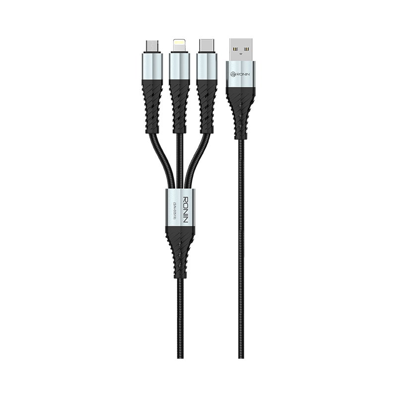 Black RONiN R-305 3-in-1 cable, designed for compatibility with iOS, Android, and USB-C devices, offering a tangle-free braided design.