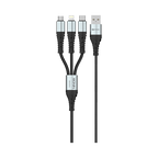 Black RONiN R-305 3-in-1 cable, designed for compatibility with iOS, Android, and USB-C devices, offering a tangle-free braided design.