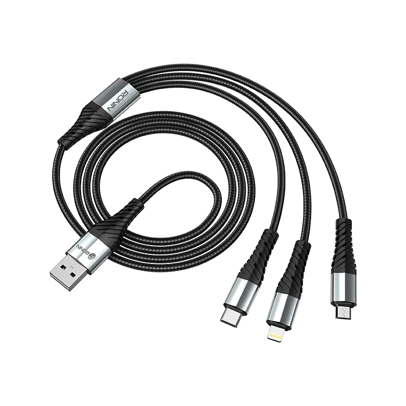 RONiN R-305 3-in-1 braided charging cable with Micro-USB, Lightning, and Type-C connectors, durable for fast charging and data transfer.