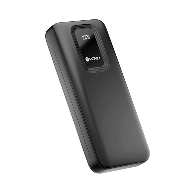 RONiN R-4020 Power Bank, black model with digital display and dual USB output for multiple device charging.
