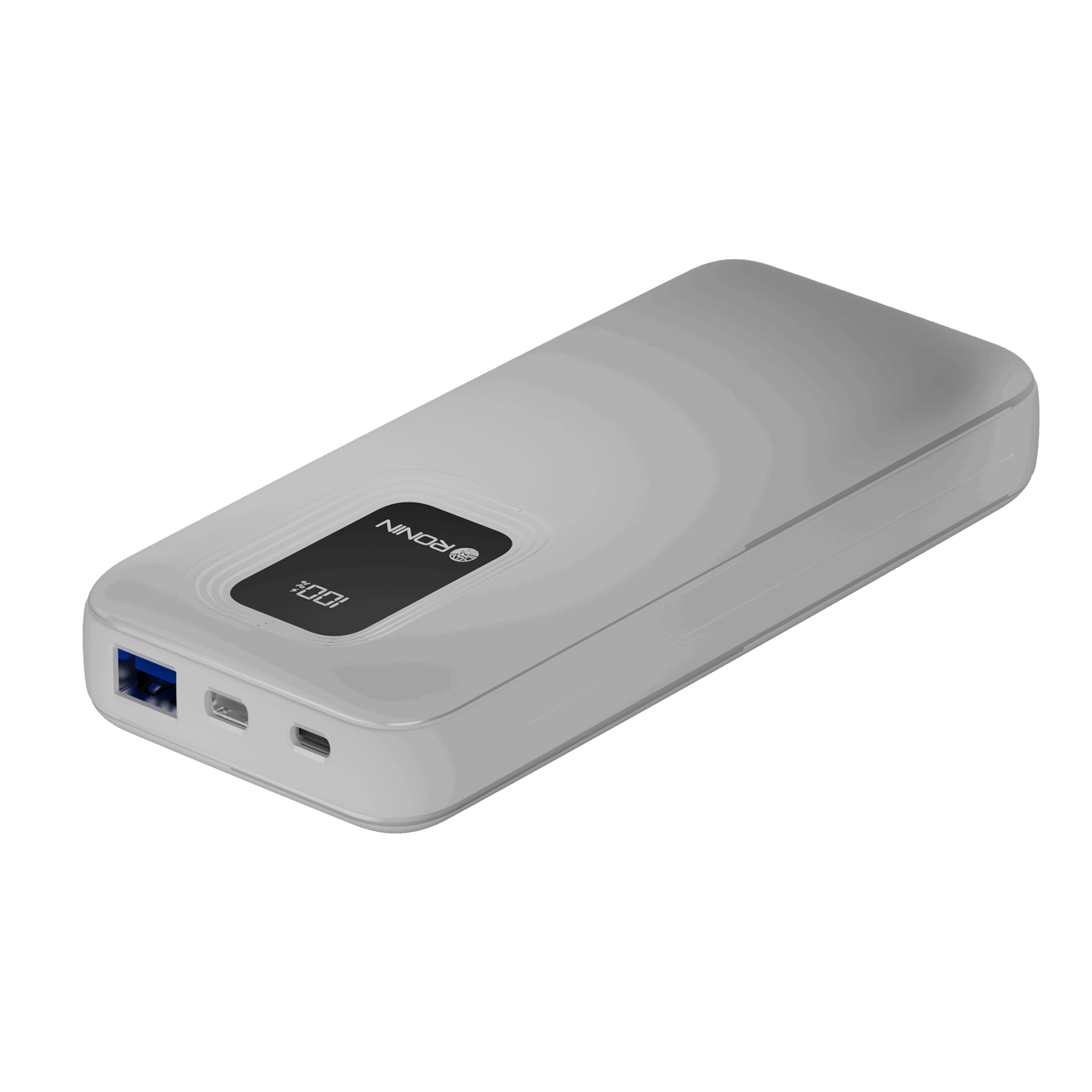 White RONiN R-4020 Power Bank with Type-C and Lightning input, compatible with a range of devices.
