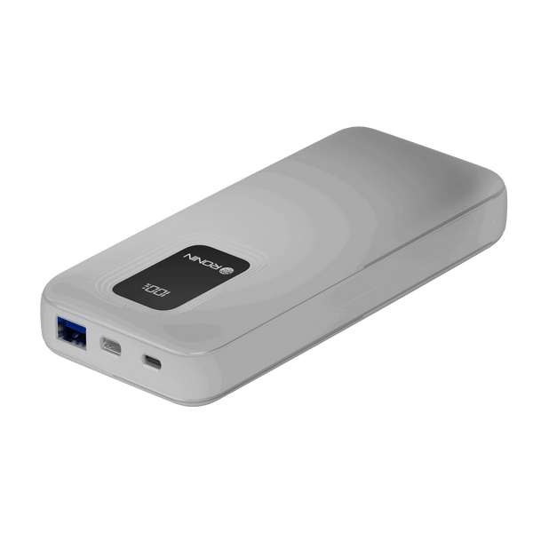 White RONiN R-4020 Power Bank with Type-C and Lightning input, compatible with a range of devices.