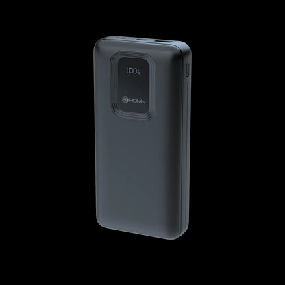 Front view of RONiN R-4025 Power Bank in black, showcasing sleek design and large battery capacity.