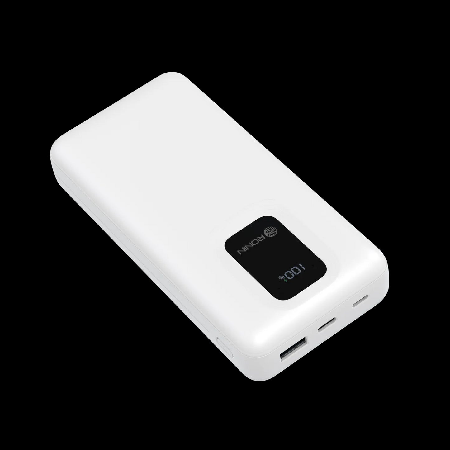 RONiN R-4025 white power bank with LED digital display for battery level indication.