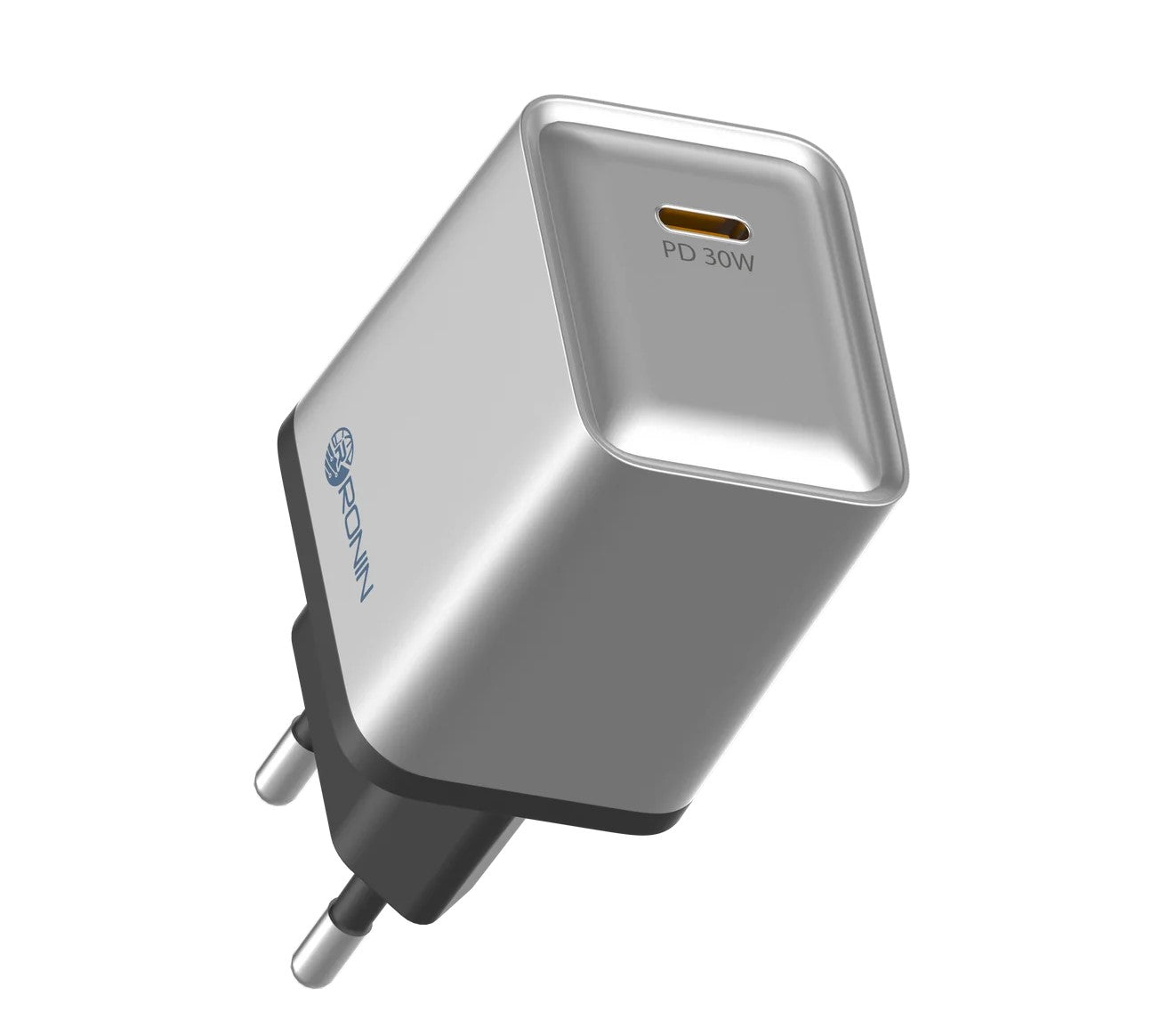 Compact and durable RONiN R-6015 30W charger with dual compatibility options for Type-C and iPhone devices.