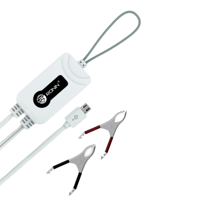 RONiN R-666 universal clip charger in white, featuring surge protection and short circuit prevention for safe charging.