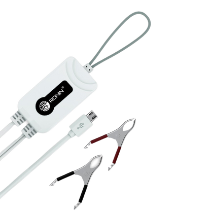 RONiN R-666 universal clip charger in white, featuring surge protection and short circuit prevention for safe charging.